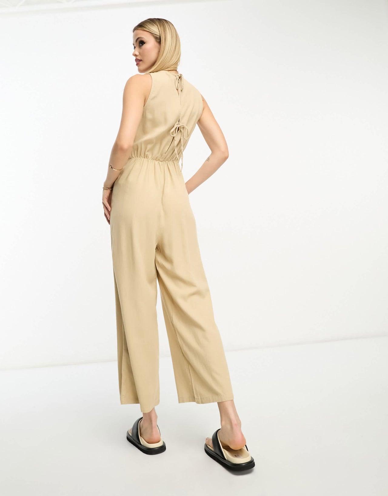 Vero Moda Tall linen touch tie back jumpsuit with pleat front wide leg in beige
