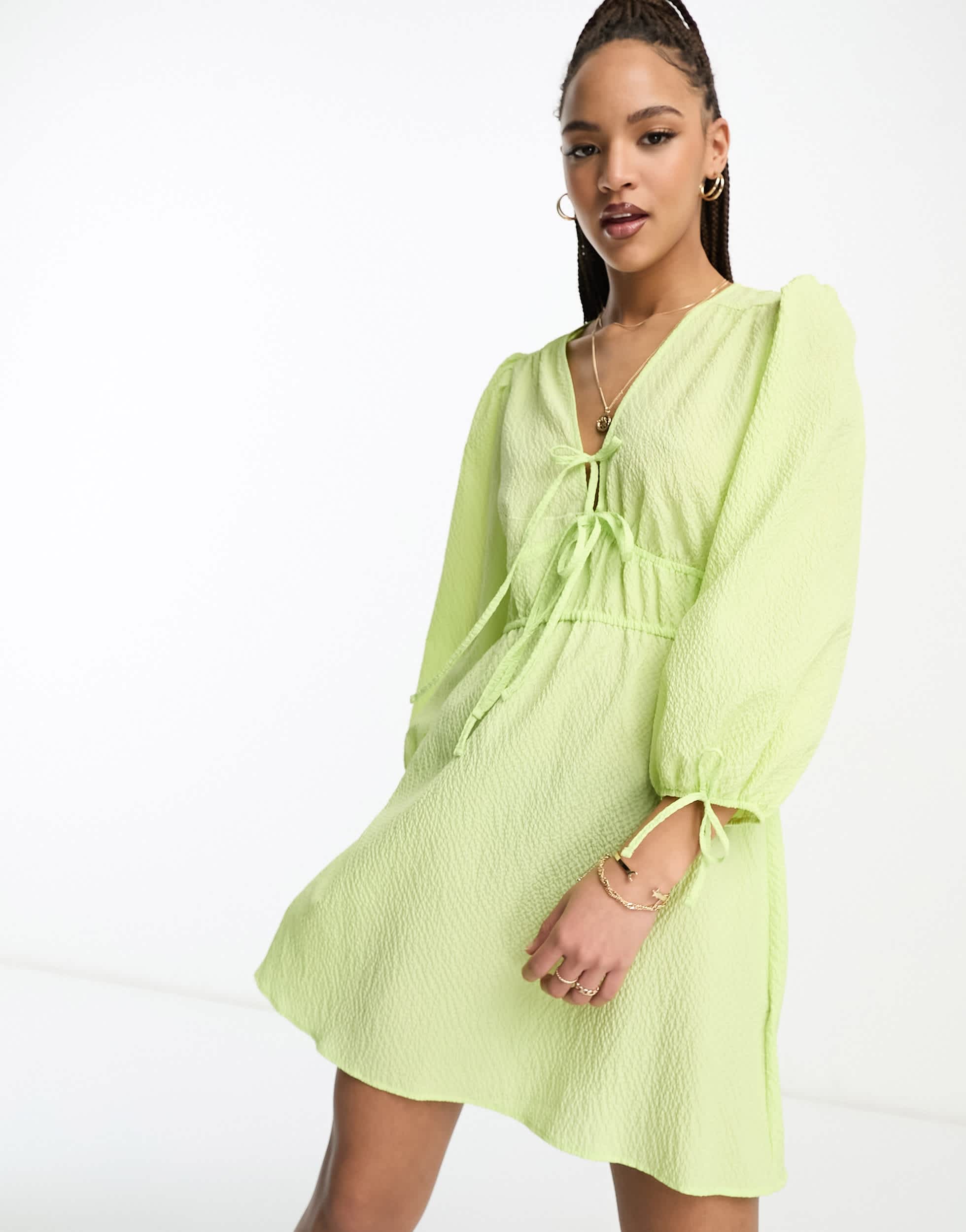 Nobody's Child Margot tie sleeve mini dress in lime green