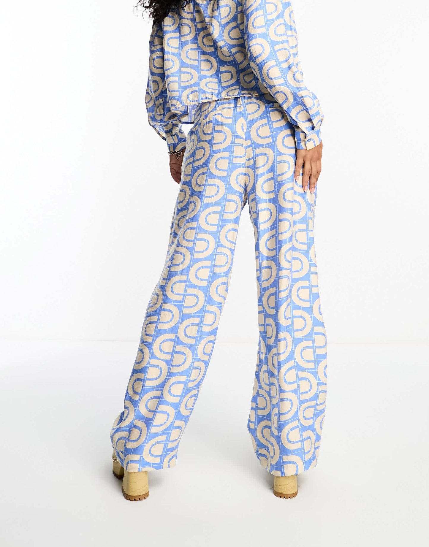 Object wide leg trouser co-ord in blue retro print