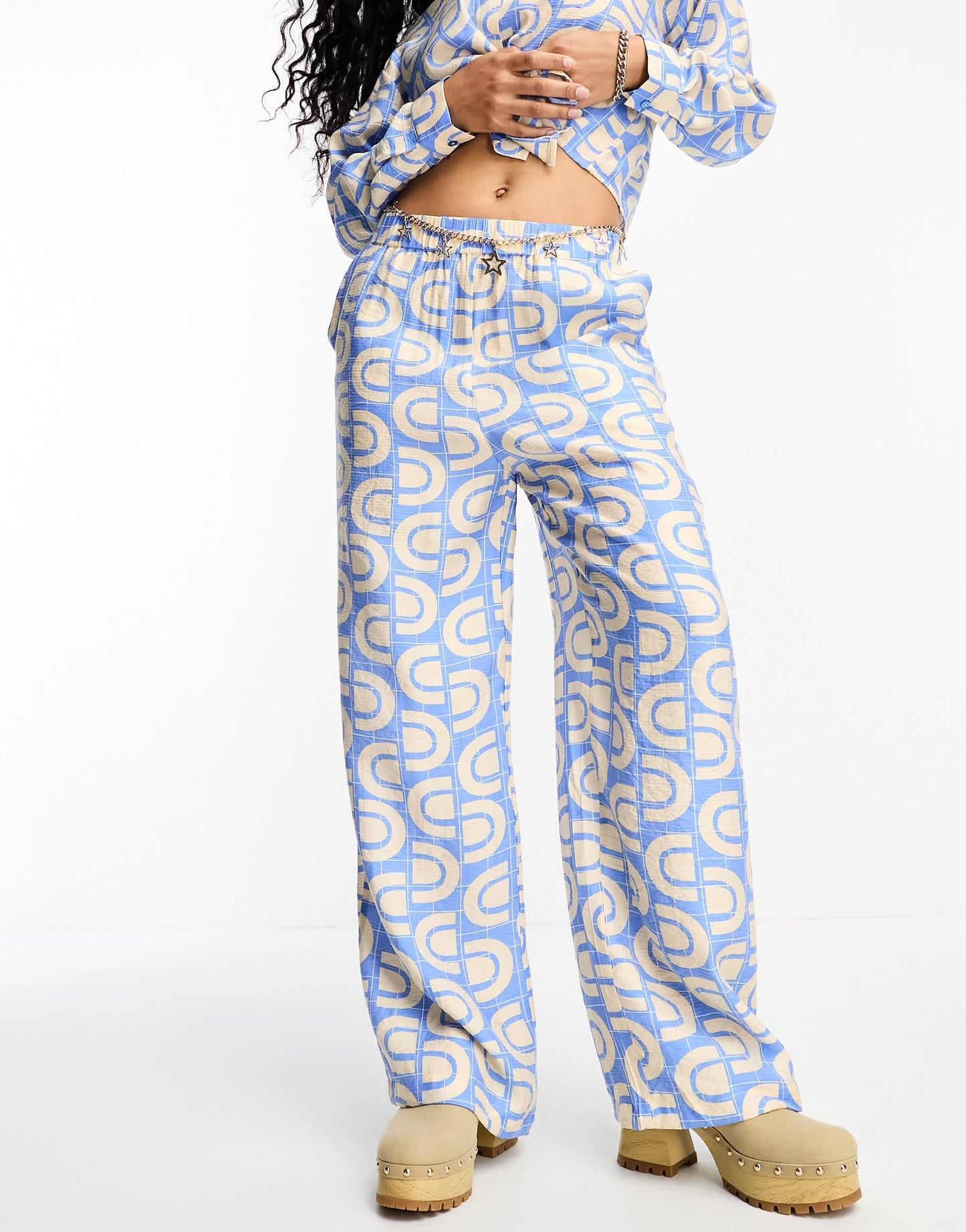 Object wide leg trouser co-ord in blue retro print