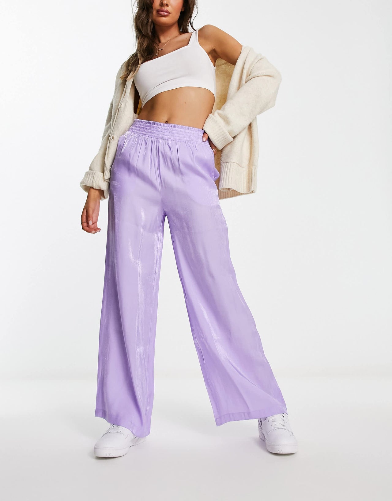 Monki metallic straight leg trousers in lilac