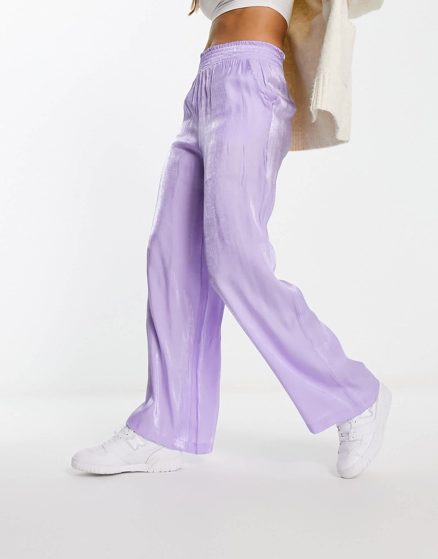 Monki metallic straight leg trousers in lilac