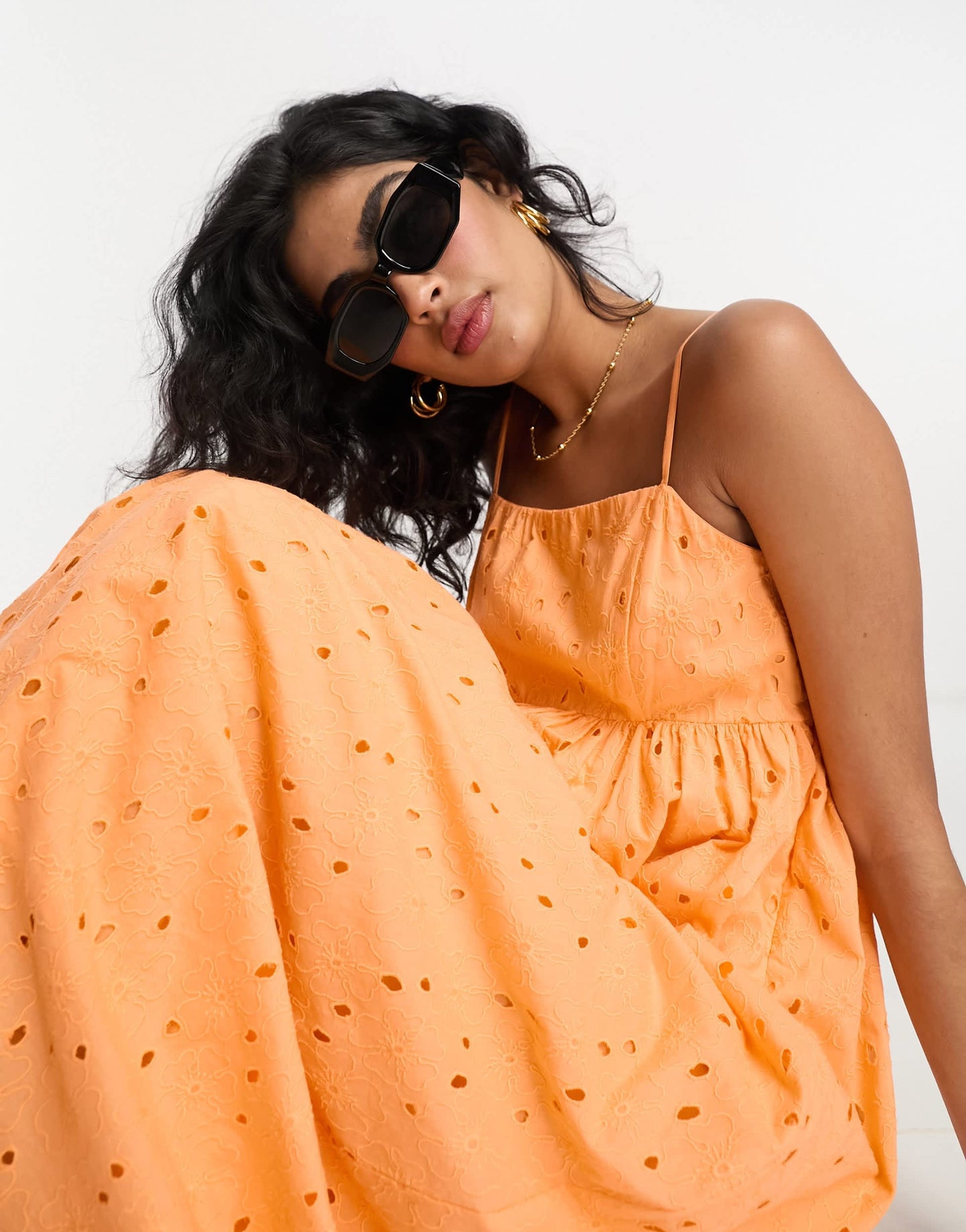 Selected Femme broderie maxi cami dress in peach orange