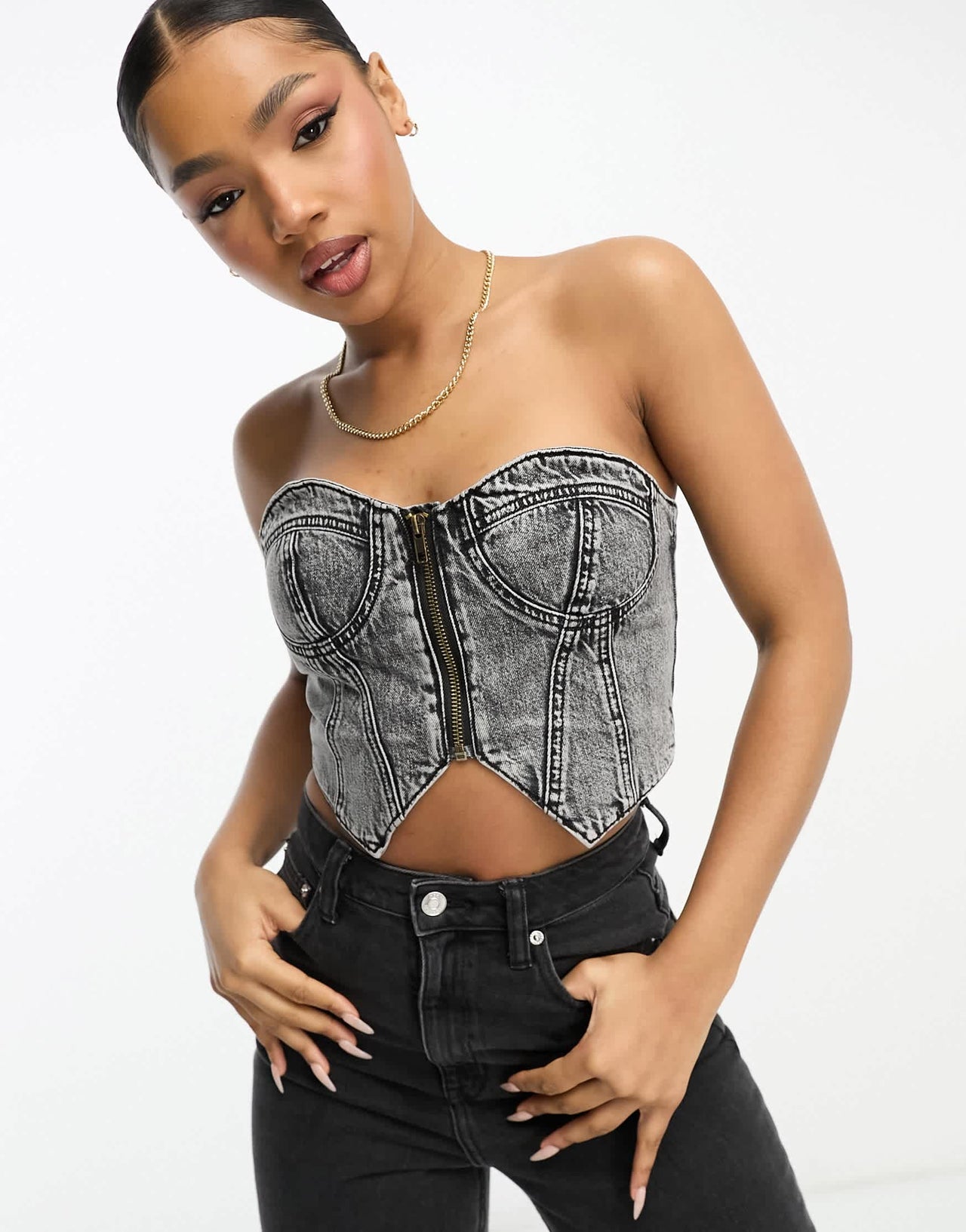 Urban Revivo zip detail denim corset in dark grey
