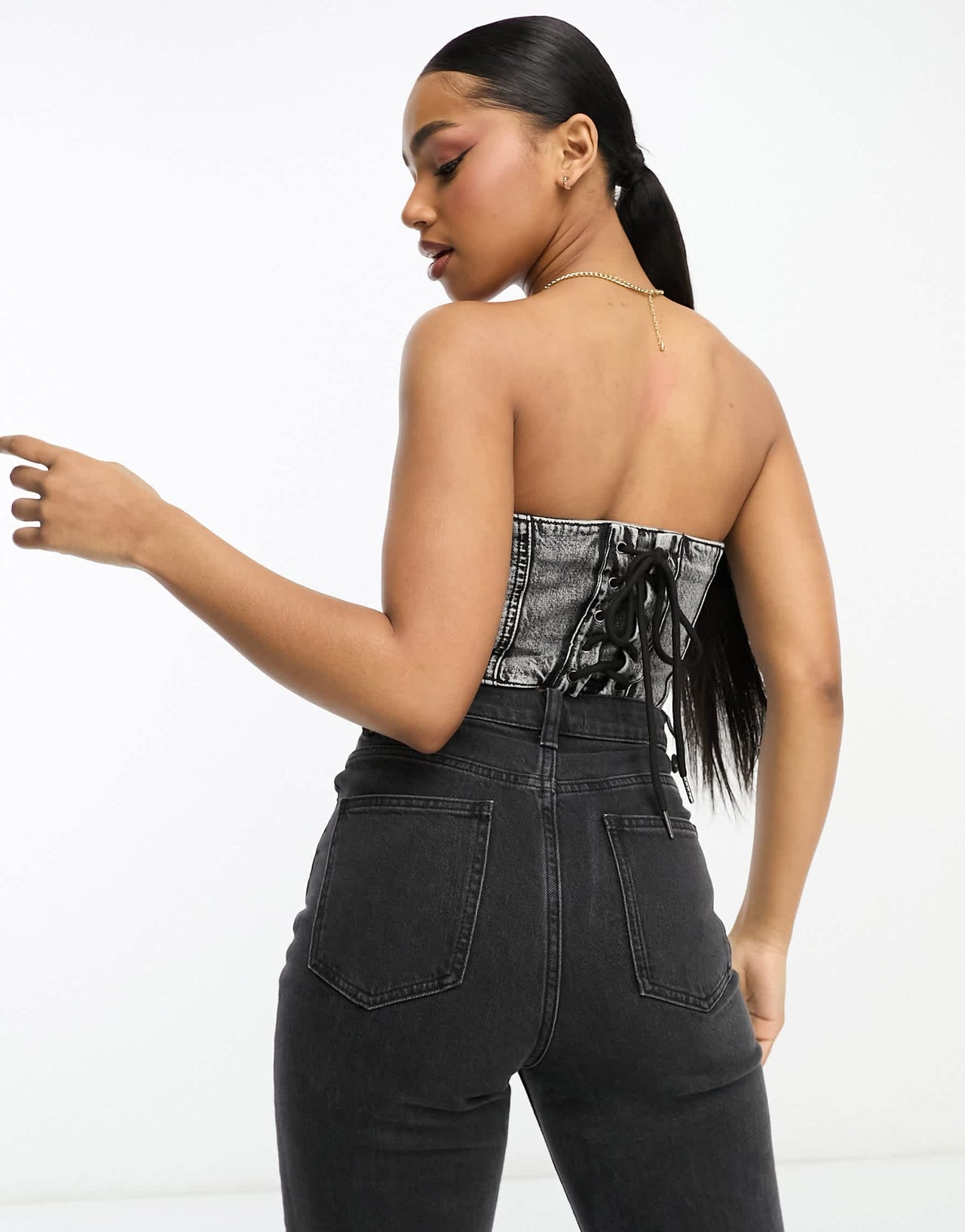 Urban Revivo zip detail denim corset in dark grey