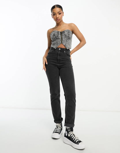 Urban Revivo zip detail denim corset in dark grey