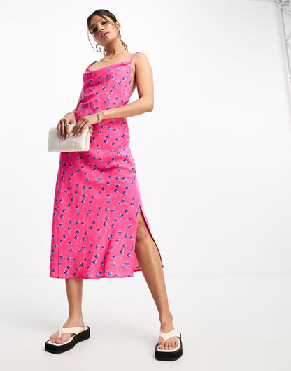 Vila floral cami midi dress with back detail in bright pink
