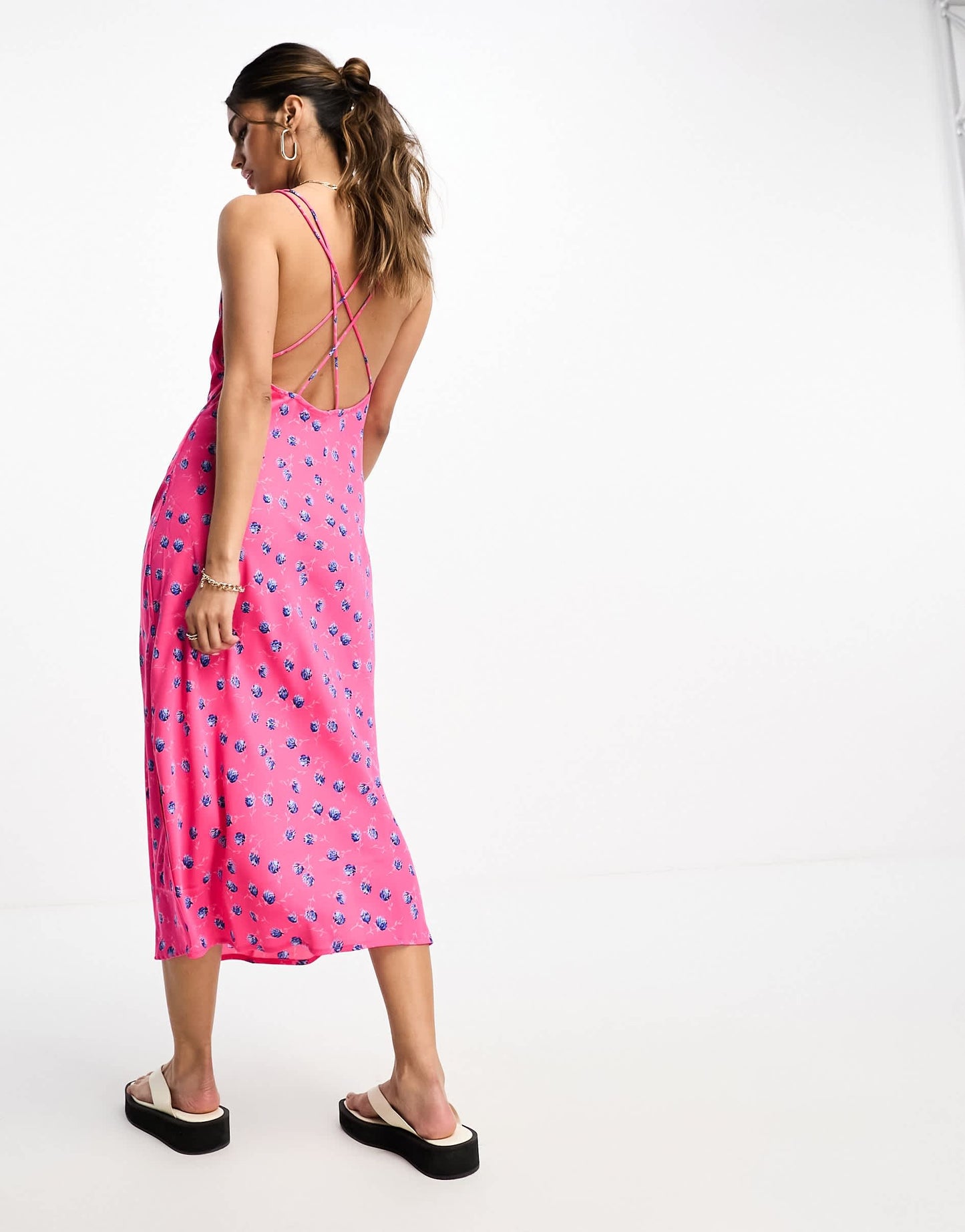 Vila floral cami midi dress with back detail in bright pink