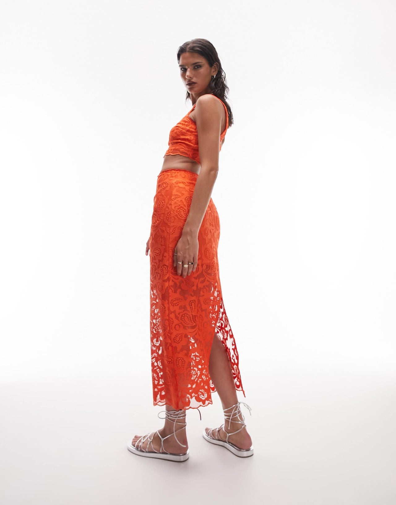 Topshop co-ord premium lace detail midi skirt in orange