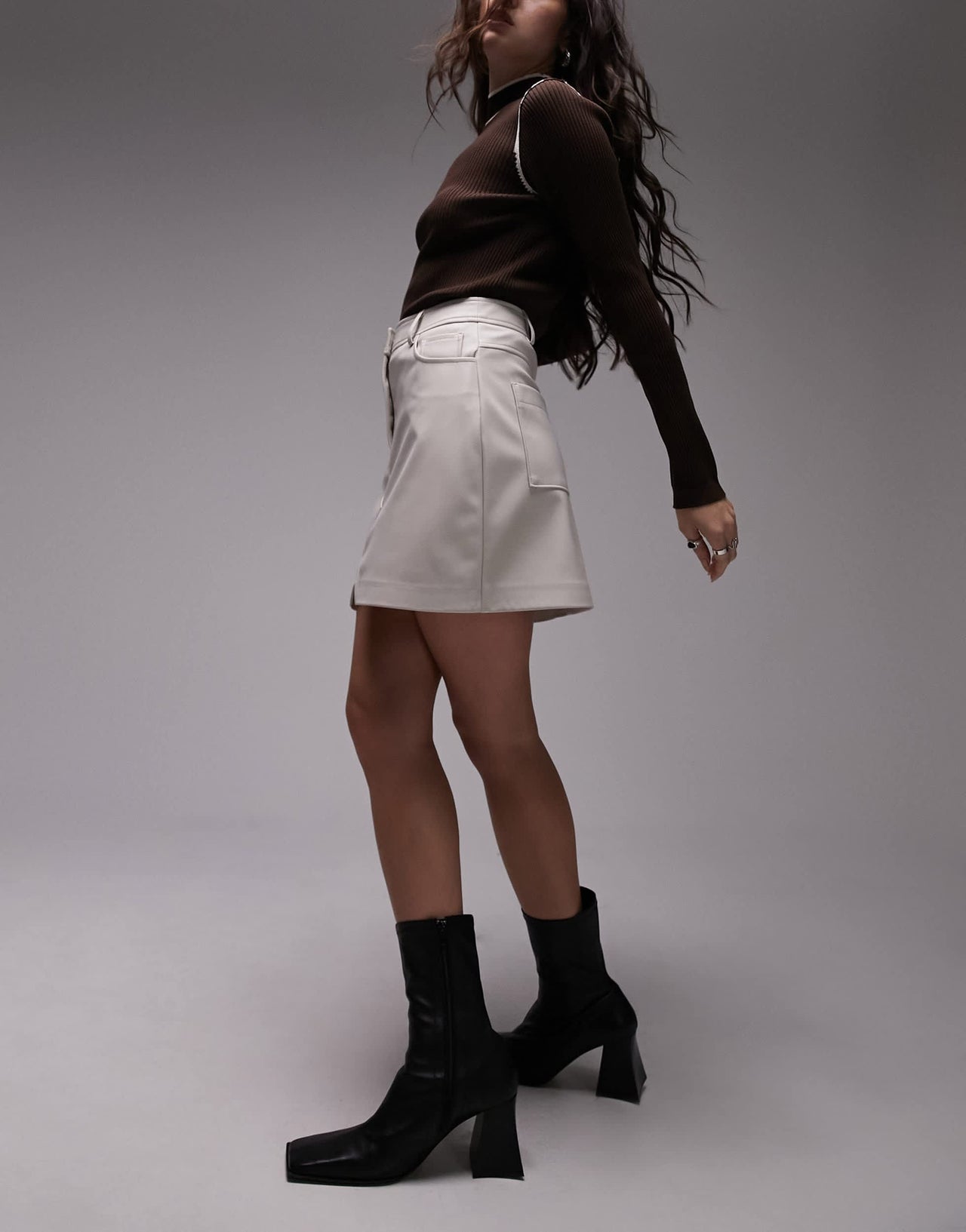 Topshop leather look denim styled mini skirt in ecru