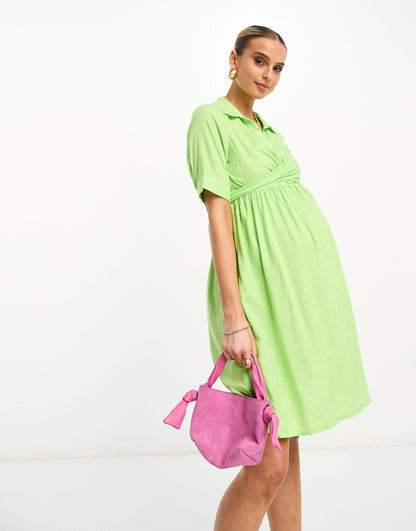 Mamalicious Maternity wrap front shirt midi dress in green