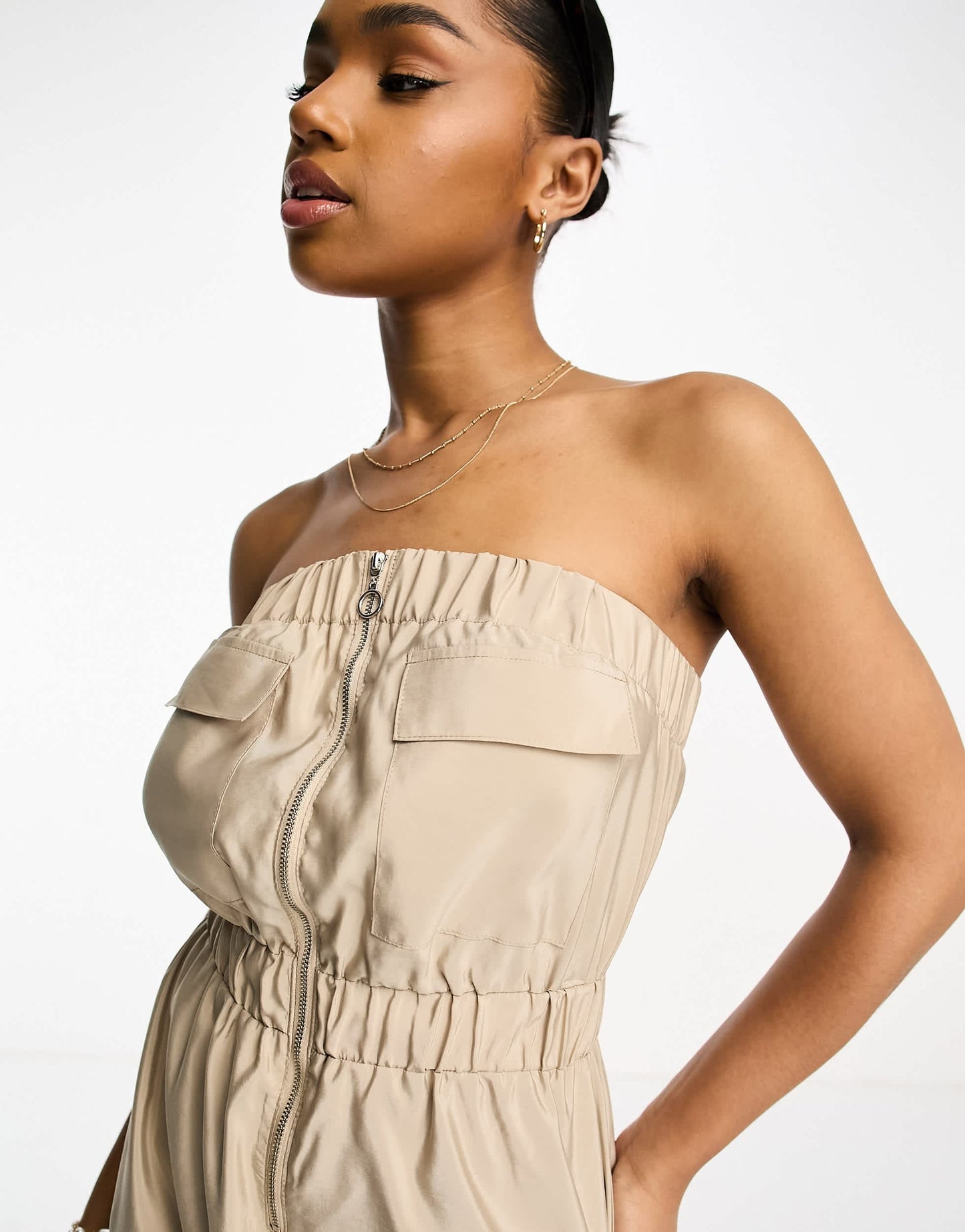 Miss Selfridge bandeau parachute dress in stone