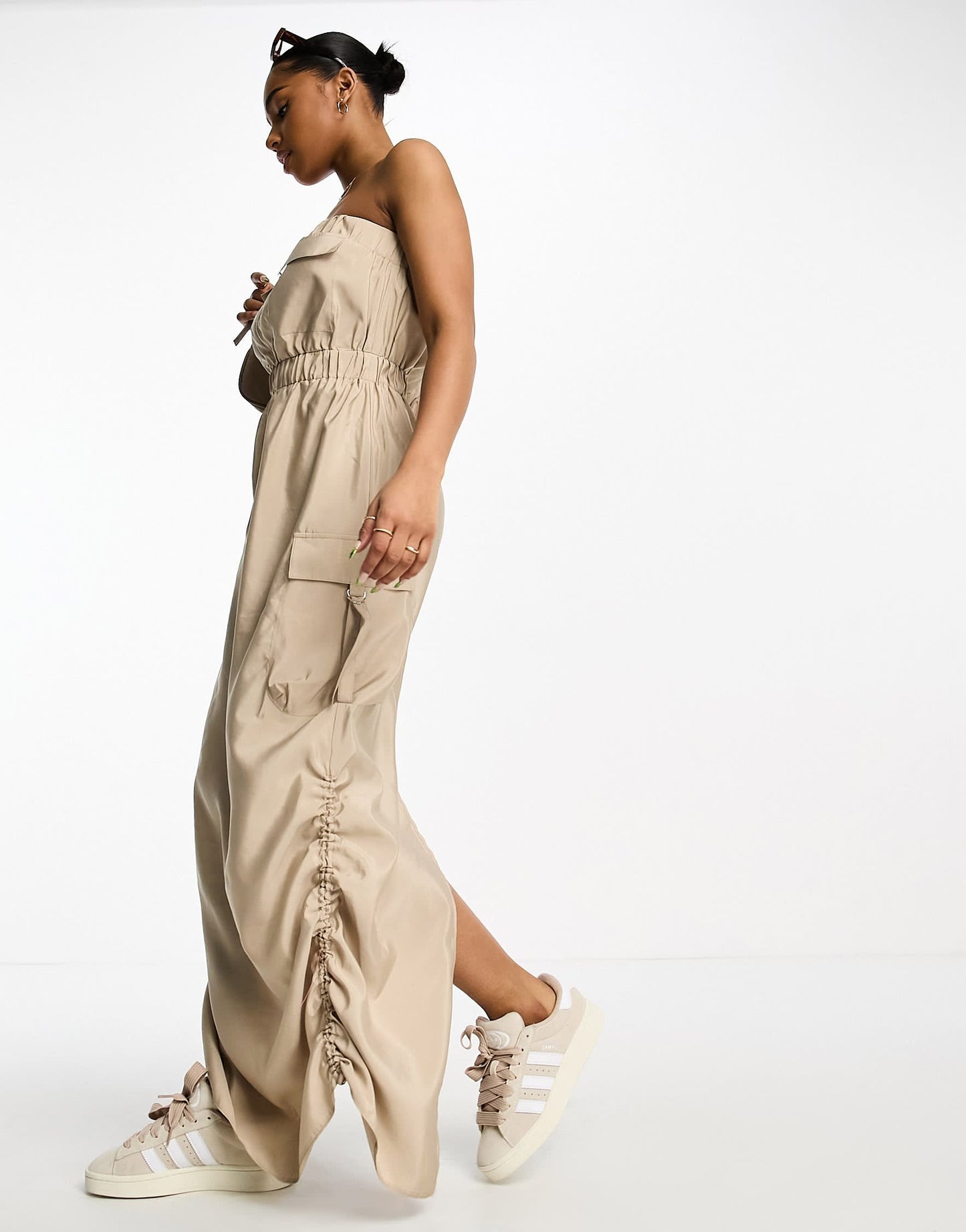 Miss Selfridge bandeau parachute dress in stone