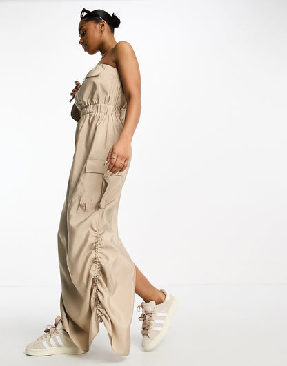 Miss Selfridge bandeau parachute dress in stone