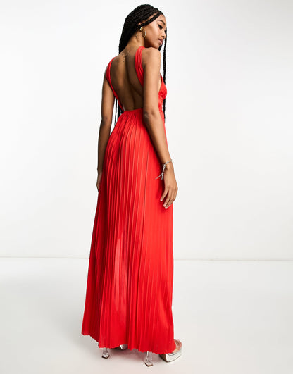 ASOS DESIGN Tall halter neck grecian pleated skirt maxi dress in red