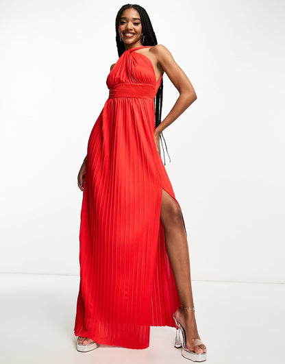 ASOS DESIGN Tall halter neck grecian pleated skirt maxi dress in red