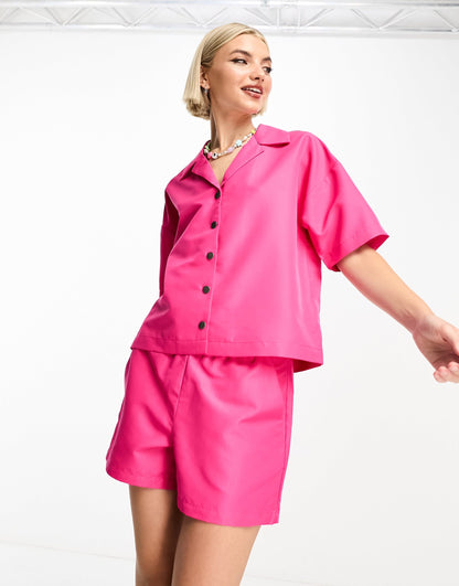 Noisy May boxy nylon shirt co-ord in hot pink