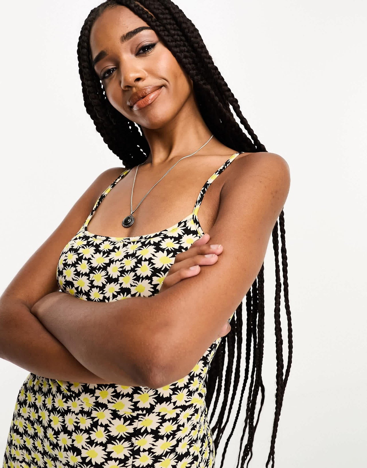 Noisy May Tall split front mini cami dress in yellow and black floral