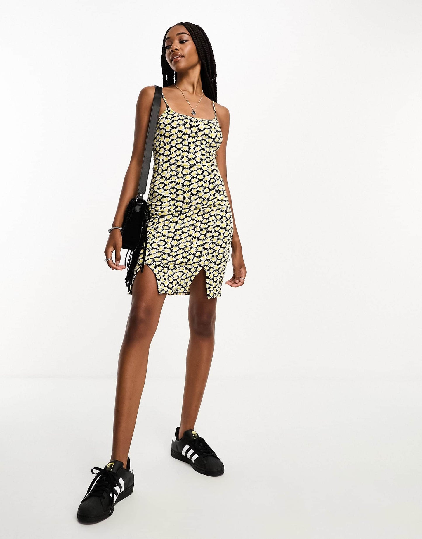 Noisy May Tall split front mini cami dress in yellow and black floral