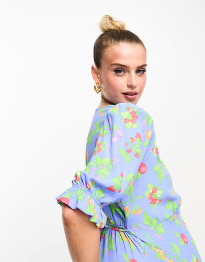 Nobody's Child Maternity Delilah puff sleeve midi dress in blue fruit print