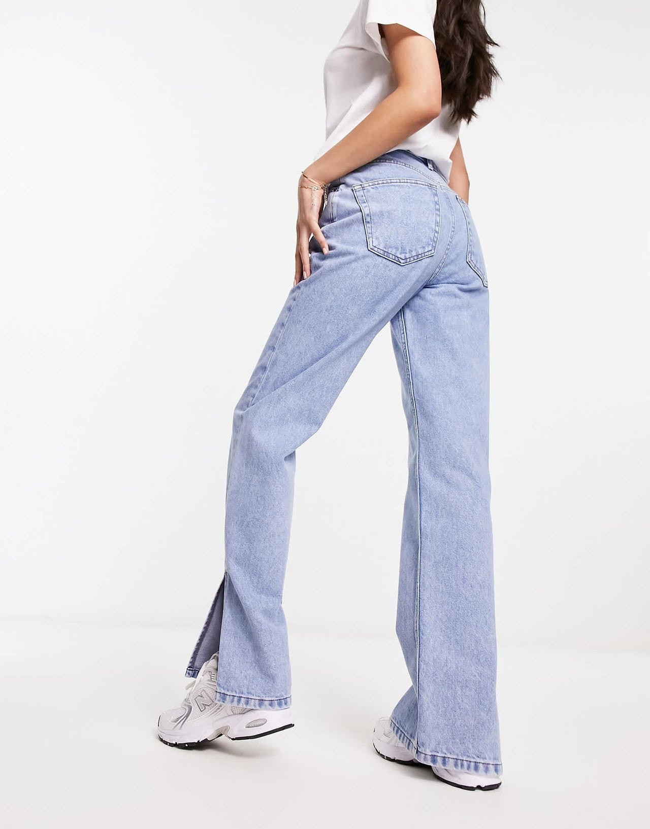 ASOS DESIGN mid rise straight jean in light blue with split hem