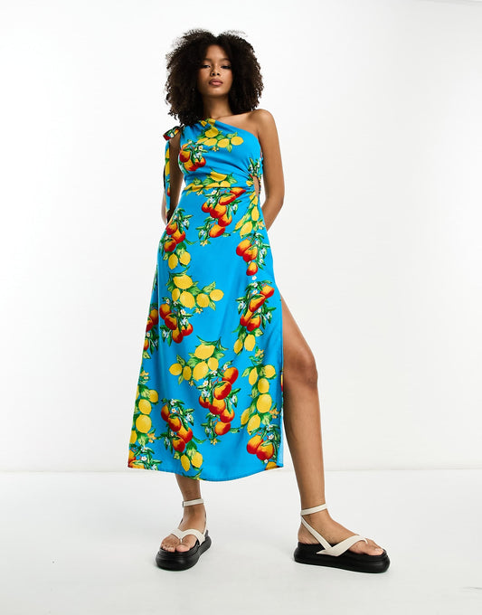 ASOS DESIGN one shoulder cut out midi dress in blue fruit print