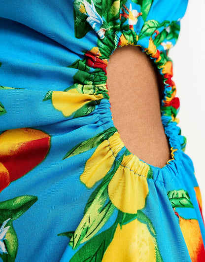ASOS DESIGN one shoulder cut out midi dress in blue fruit print