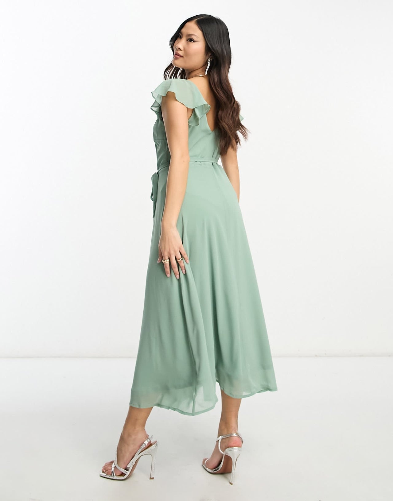 Vila Petite Bridesmaid wrap full skirt maxi dress with flutter sleeves in green