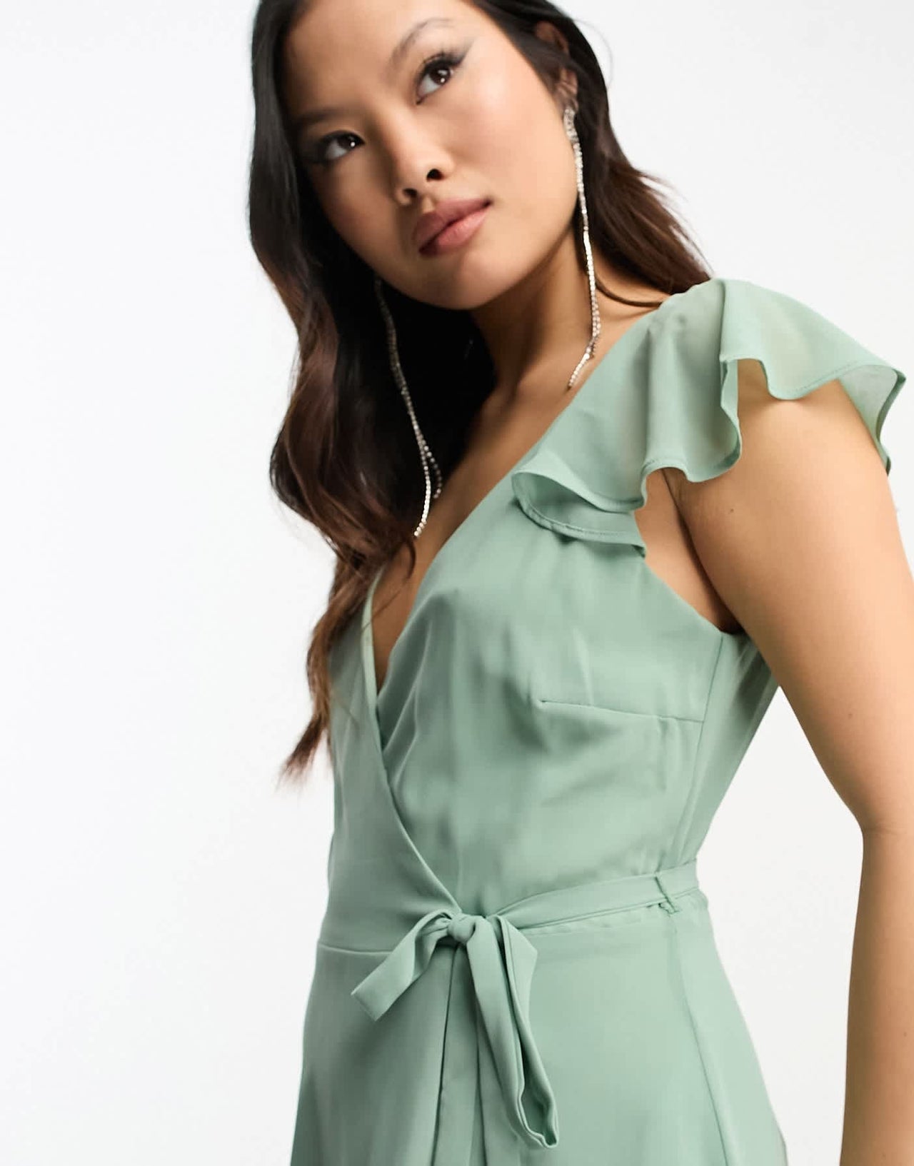 Vila Petite Bridesmaid wrap full skirt maxi dress with flutter sleeves in green