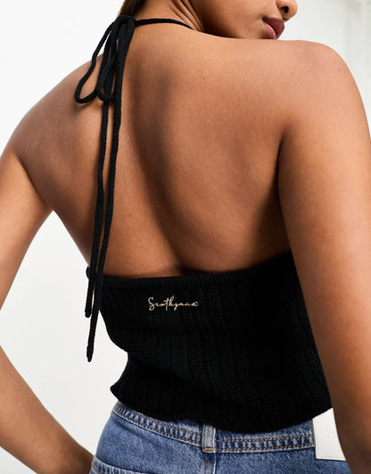 Sixth June thick knitted halterneck crop top in black