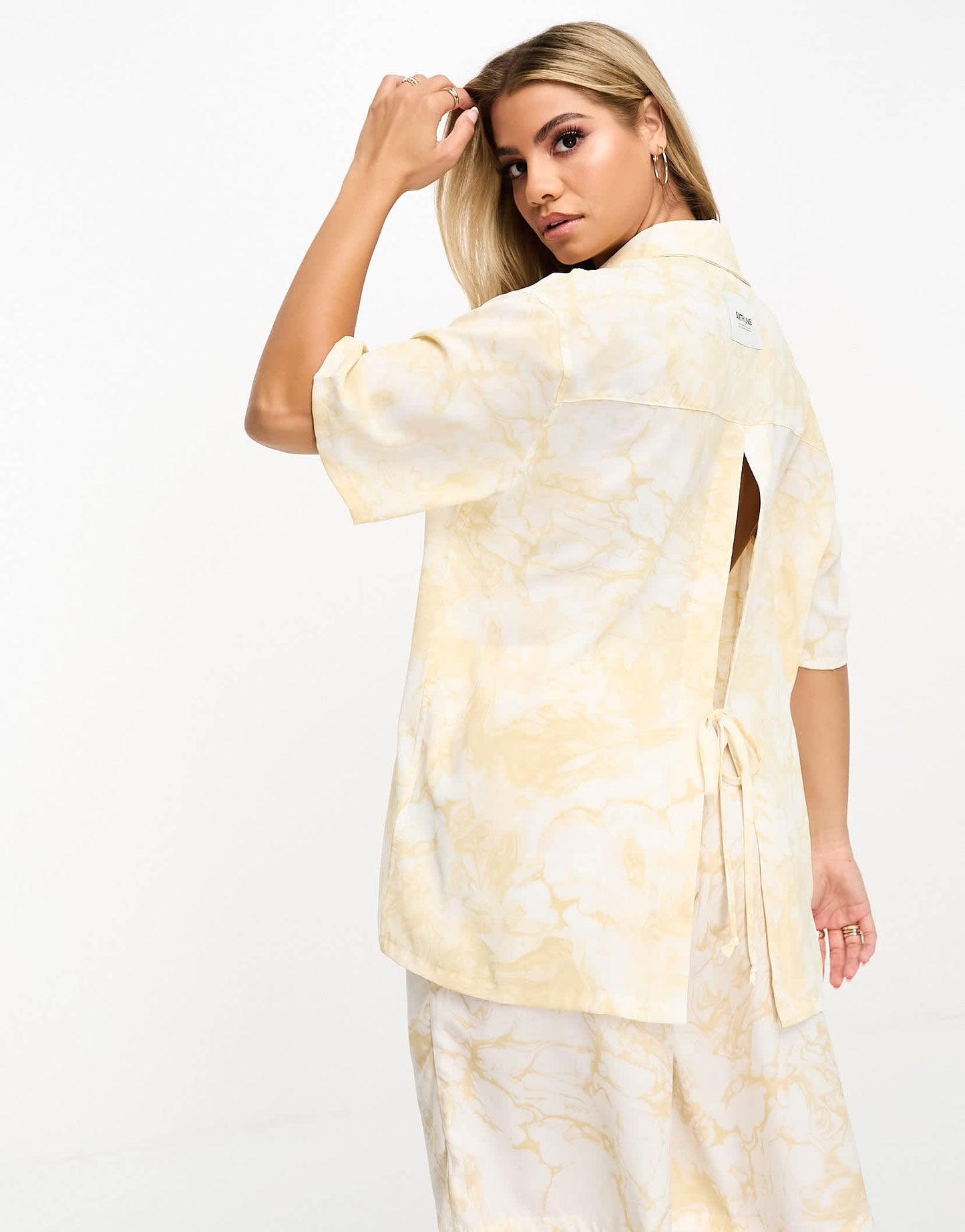 Sixth June co-ord marble printed shirt with open detail back in yellow