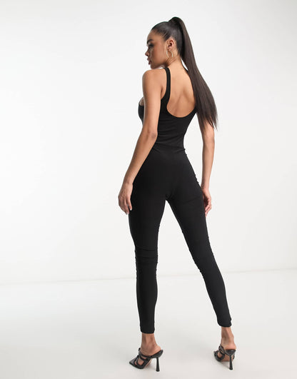 Fashionkilla sculpted slinky racerneck low back jumpsuit in black