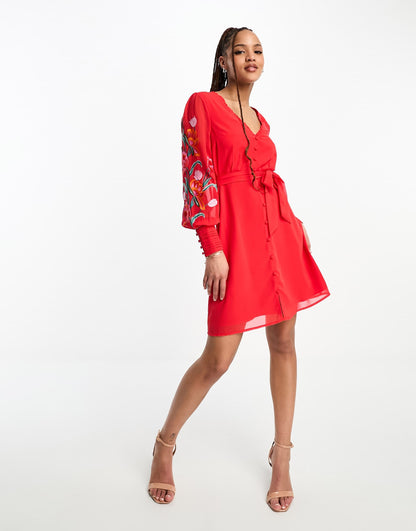 Hope & Ivy long sleeve embroidered wrap mini dress in red