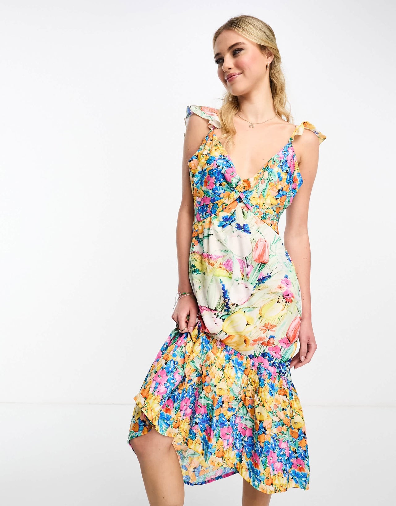 Hope & Ivy twist front high low midi dress in bright floral