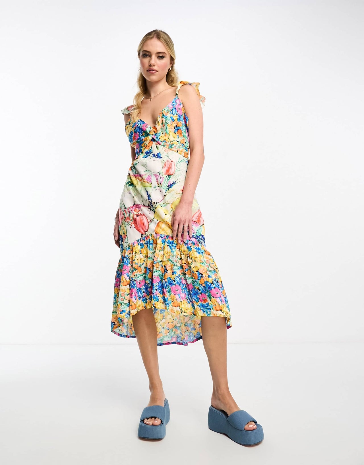 Hope & Ivy twist front high low midi dress in bright floral