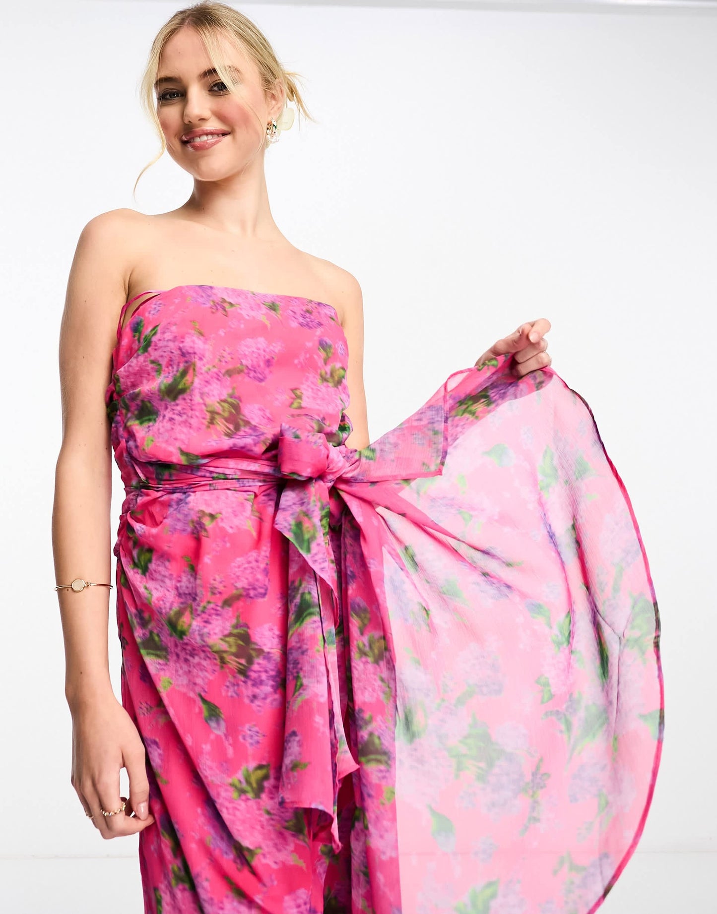 Hope & Ivy bandeau drape midi dress in bright pink floral