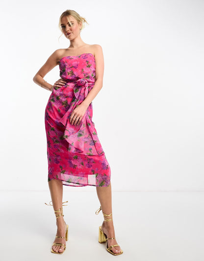 Hope & Ivy bandeau drape midi dress in bright pink floral