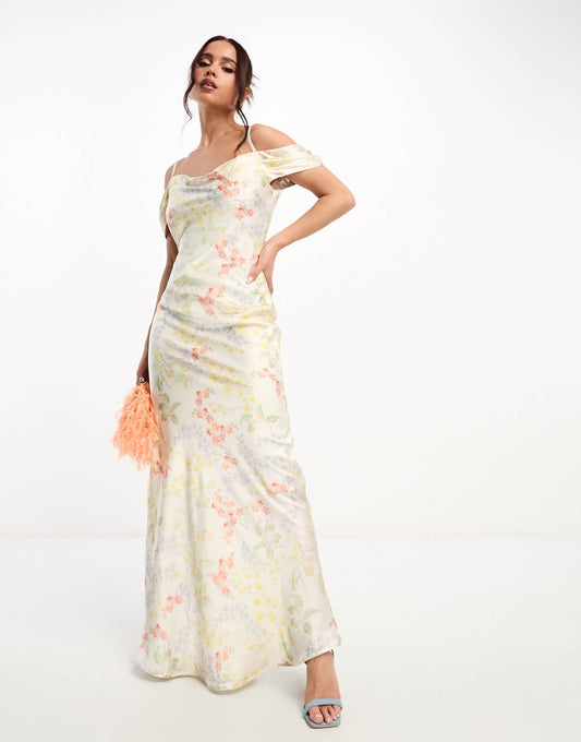 Hope & Ivy cowl neck satin maxi dress in ivory floral