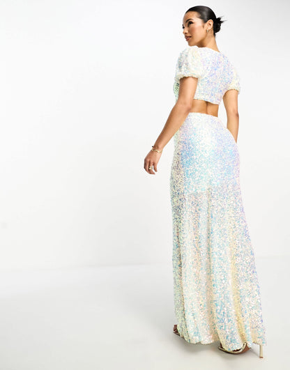 Something New cut out sequin maxi dress with puff sleeves in iridescent white