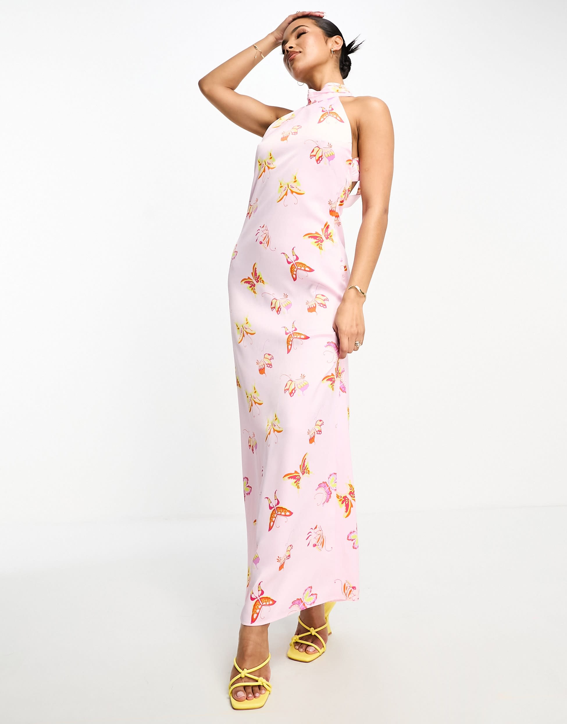 Something New halter neck open back satin maxi dress in candyfloss pink satin butterfly print