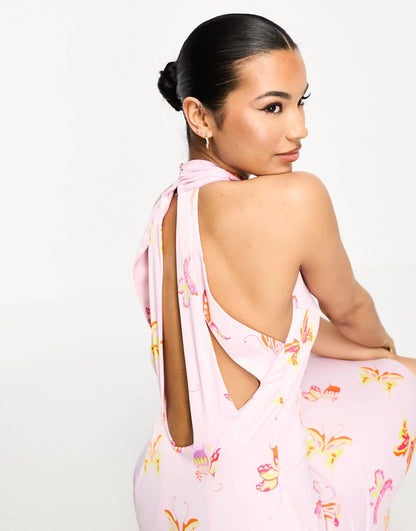 Something New halter neck open back satin maxi dress in candyfloss pink satin butterfly print