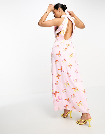 Something New halter neck open back satin maxi dress in candyfloss pink satin butterfly print