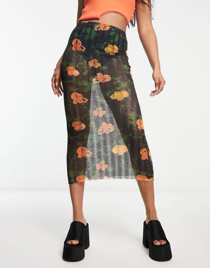 COLLUSION blur floral knitted beach skirt in multi