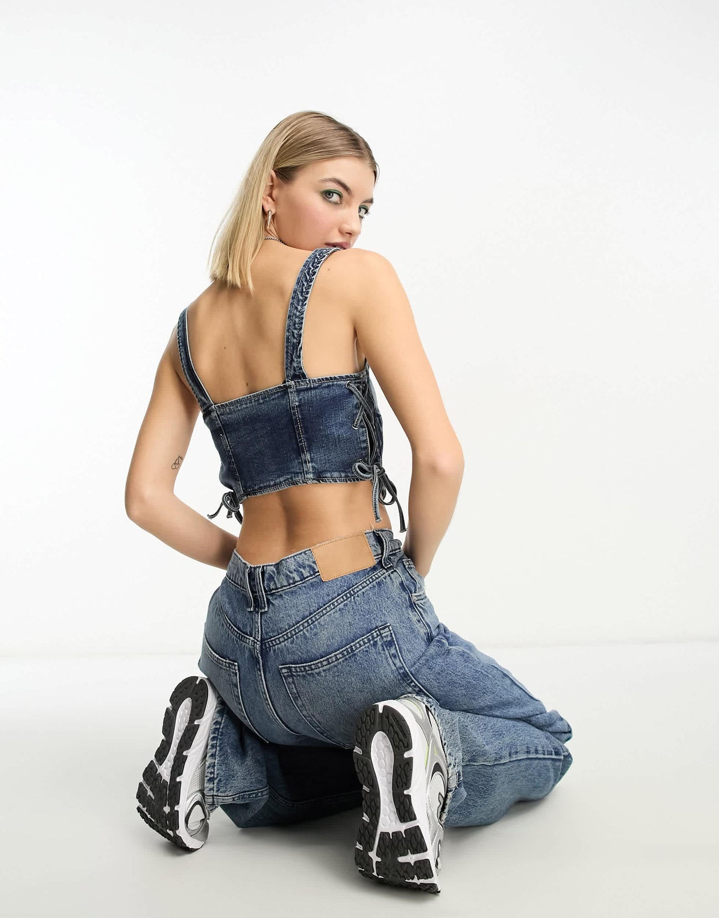 Stradivarius STR denim crop top with lace up side in washed blue