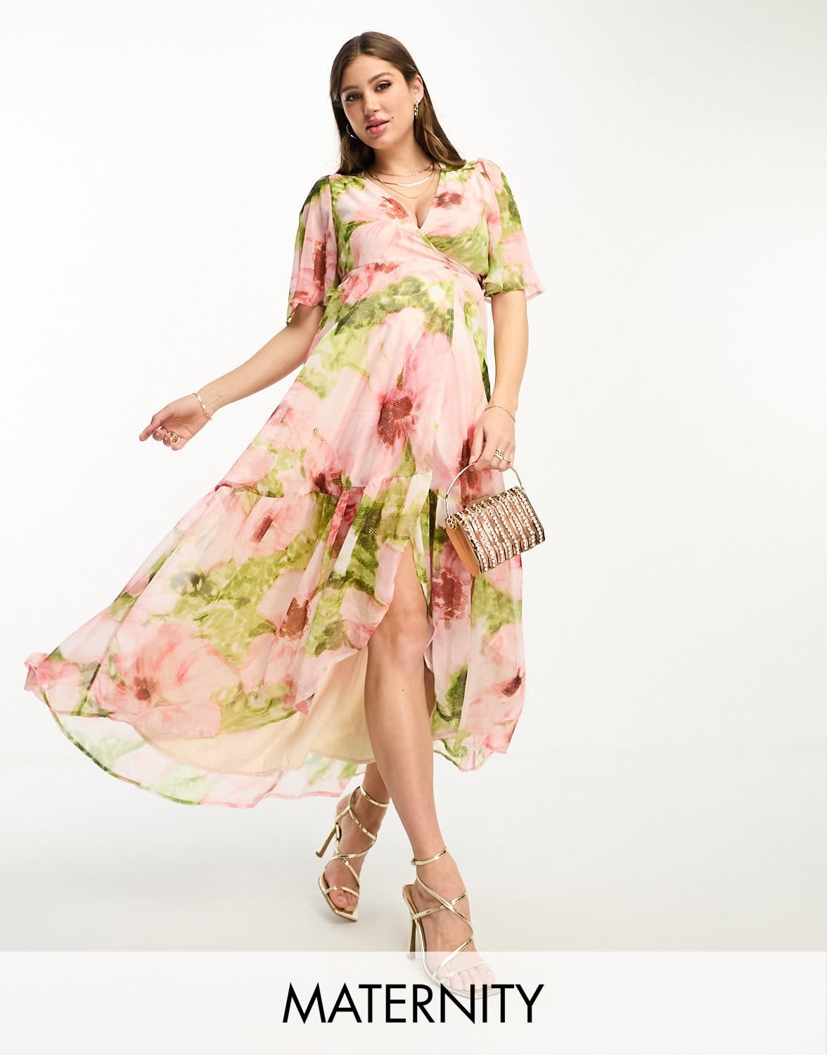 Hope & Ivy Maternity ruffle wrap maxi dress in pink floral print