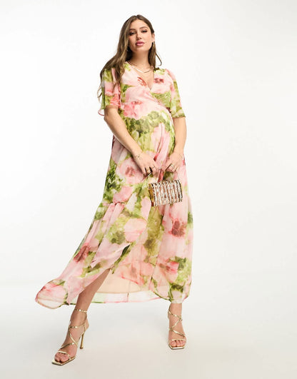 Hope & Ivy Maternity ruffle wrap maxi dress in pink floral print