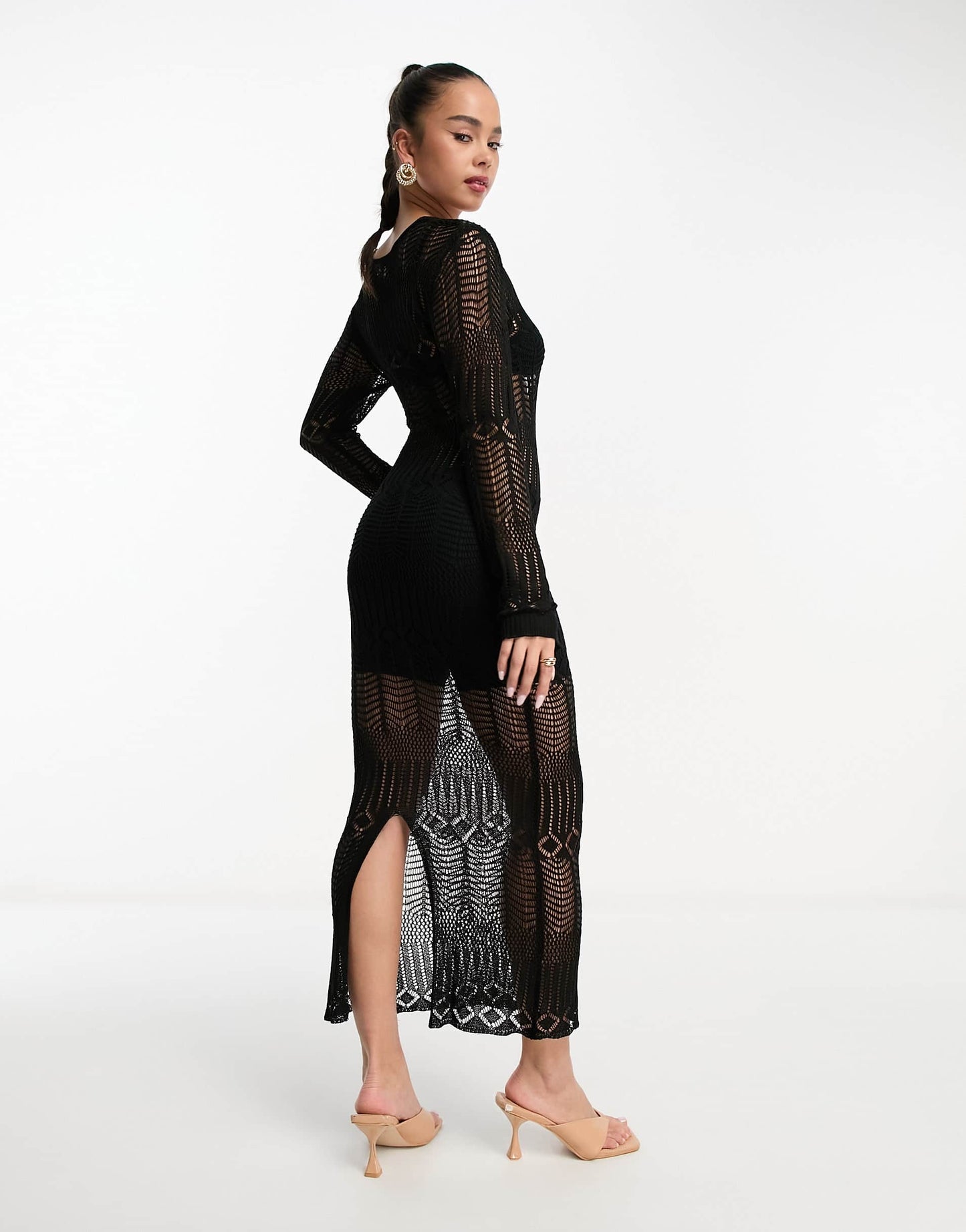 Style Cheat long sleeve crochet midaxi dress in black
