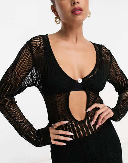 Style Cheat long sleeve crochet midaxi dress in black
