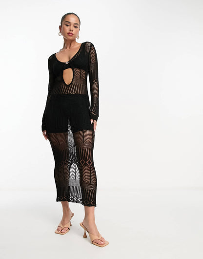 Style Cheat long sleeve crochet midaxi dress in black