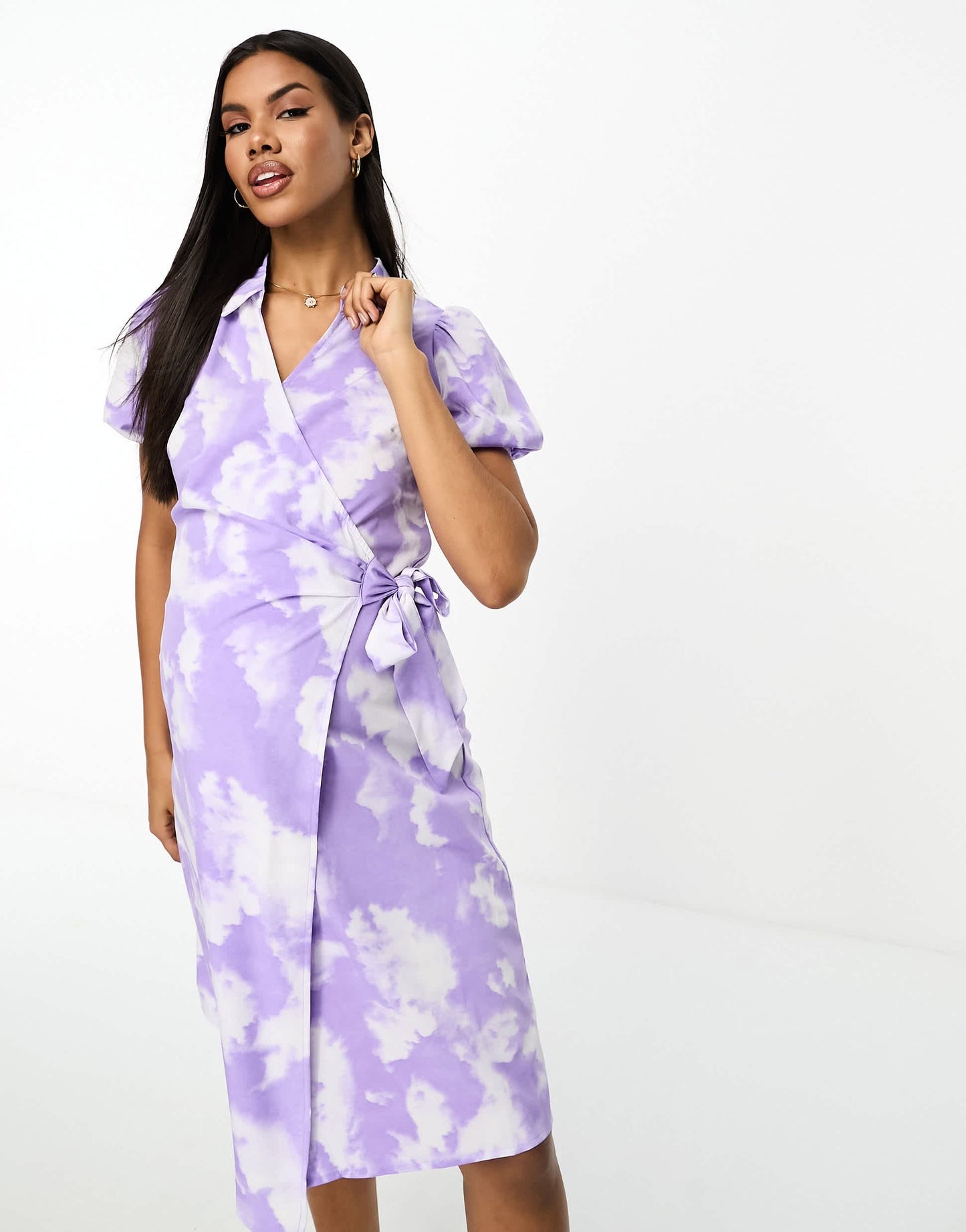Mamalicious Maternity wrap front midi dress in lilac and white